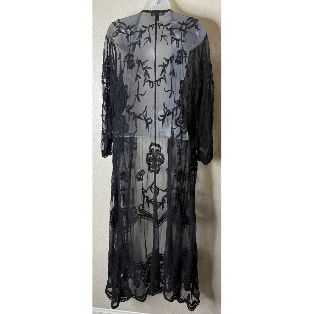 Ronni Nicole Womens Large Duster Cardigan Black Floral Lace Mesh Open Front Long - Picture 2 of 8
